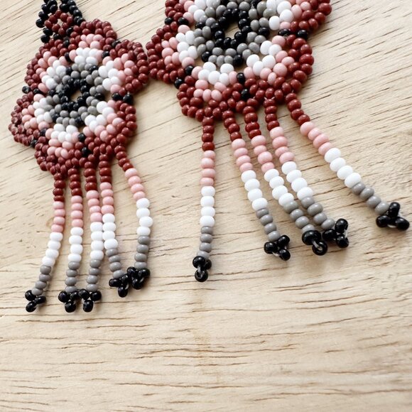 NEW Hand-Beaded Flower‎ Earrings Mini Beads Maroon Pink Black White Southwestern - Picture 4 of 6